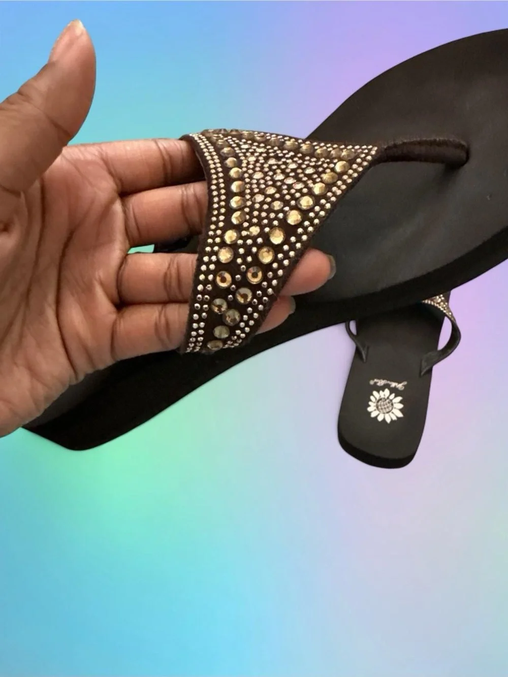 Rhinestone Genuine Leather Women's Thong Sandals- Y2K Yellow Box - Picture 3 of 5